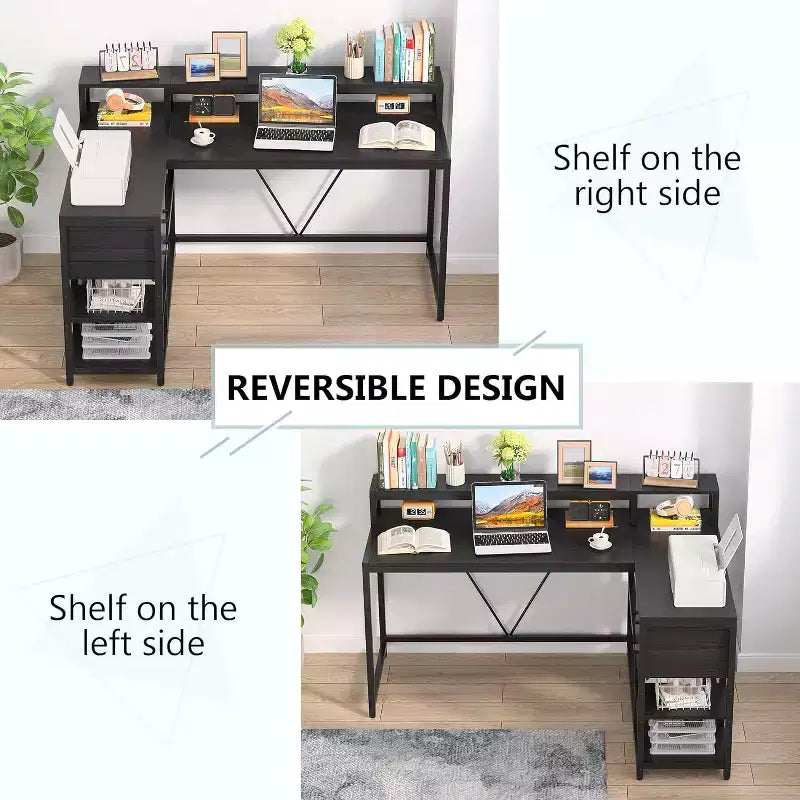 Reversible L-Shaped Computer Desk | Drawer, Monitor Stand & Storage Shelves