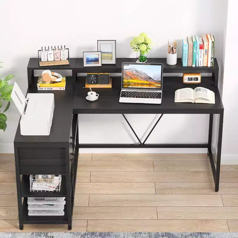 Reversible L-Shaped Computer Desk | Drawer, Monitor Stand & Storage Shelves