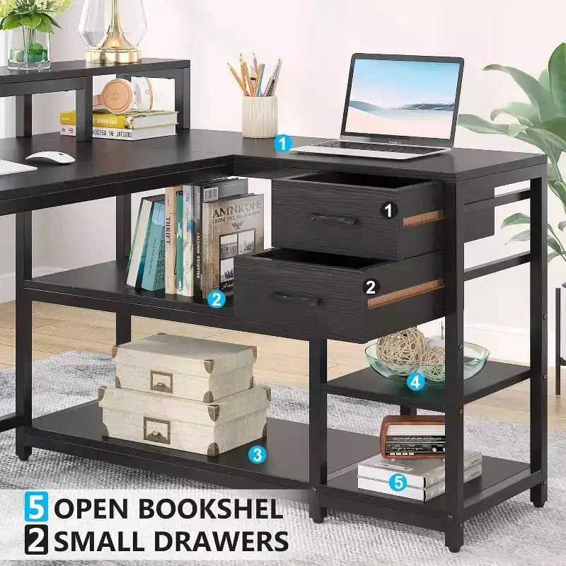Reversible L-Shaped Computer Desk | Drawer, Monitor Stand & Storage Shelves
