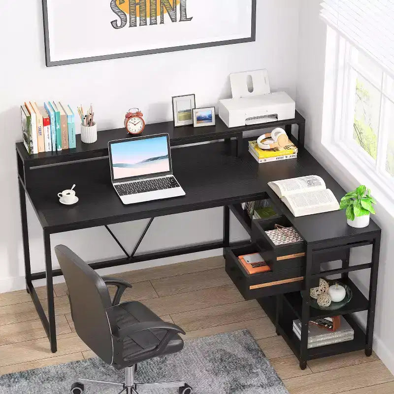 Reversible L-Shaped Computer Desk | Drawer, Monitor Stand & Storage Shelves