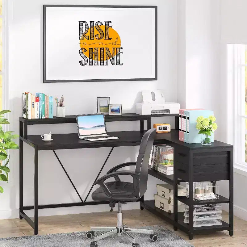 Reversible L-Shaped Computer Desk | Drawer, Monitor Stand & Storage Shelves