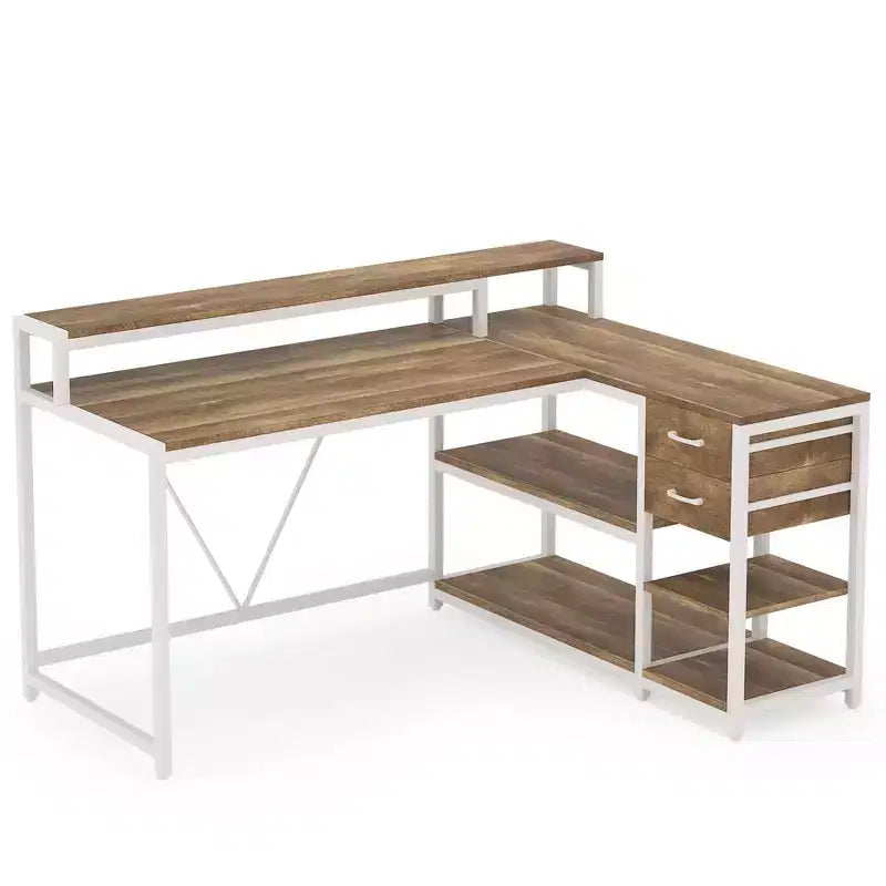 Reversible L-Shaped Computer Desk | Drawer, Monitor Stand & Storage Shelves