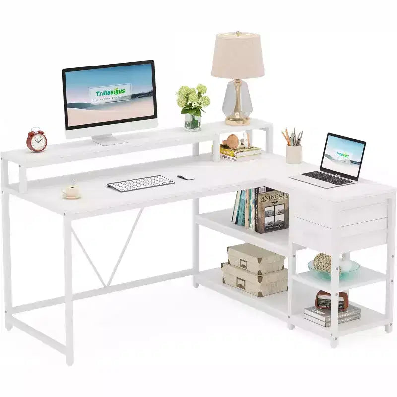 Reversible L-Shaped Computer Desk | Drawer, Monitor Stand & Storage Shelves