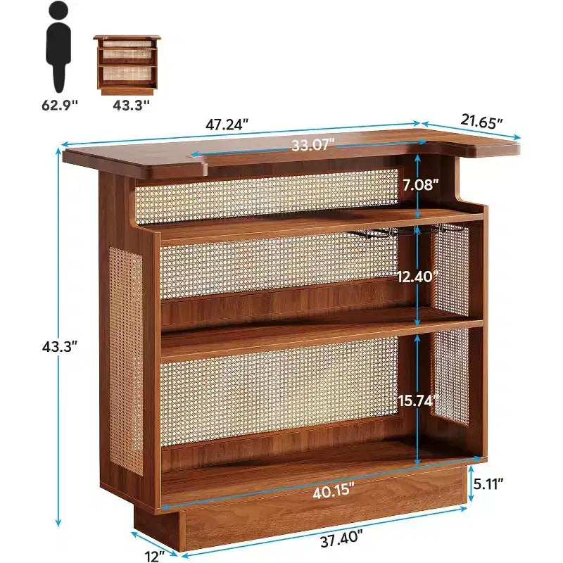 Farmhouse Rattan Home Bar Unit | 4-Tier, 4 Stemware Racks, Holds 24 Bottles