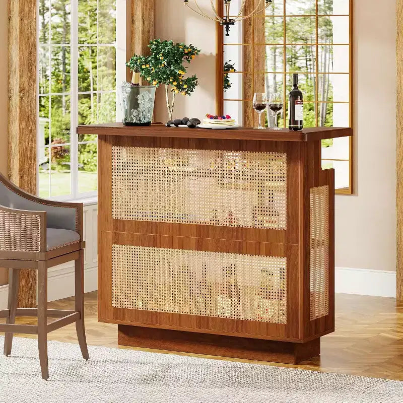 Farmhouse Rattan Home Bar Unit | 4-Tier, 4 Stemware Racks, Holds 24 Bottles