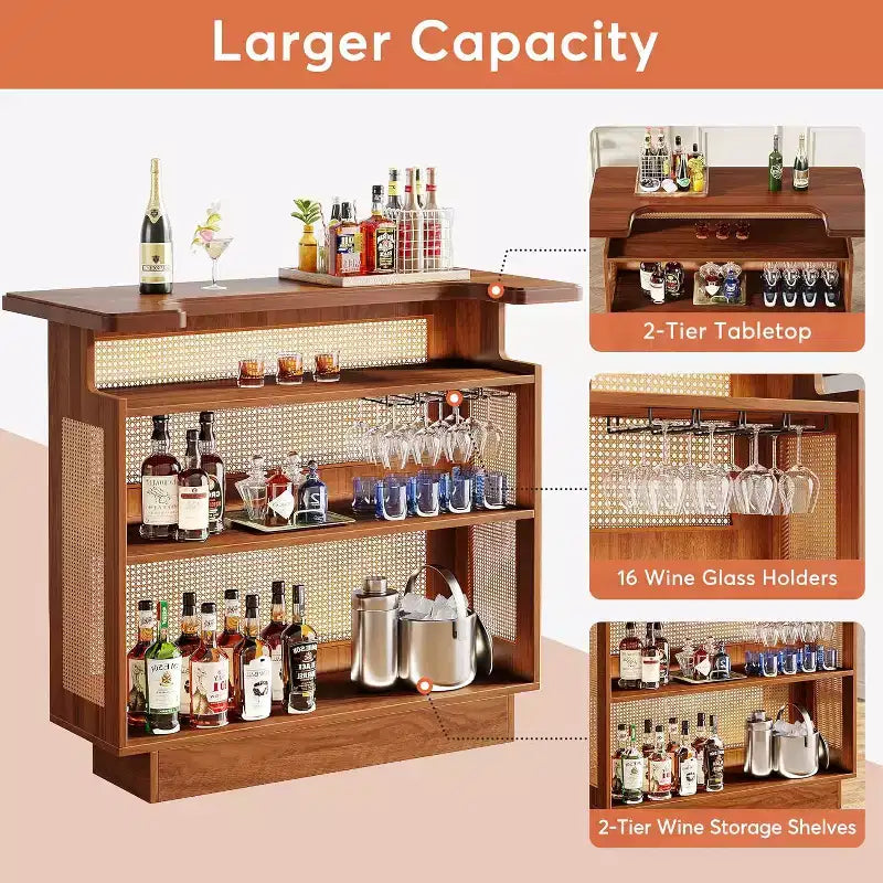 Farmhouse Rattan Home Bar Unit | 4-Tier, 4 Stemware Racks, Holds 24 Bottles