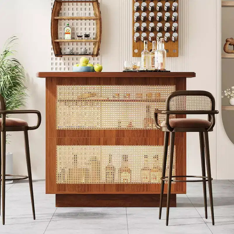 Farmhouse Rattan Home Bar Unit | 4-Tier, 4 Stemware Racks, Holds 24 Bottles