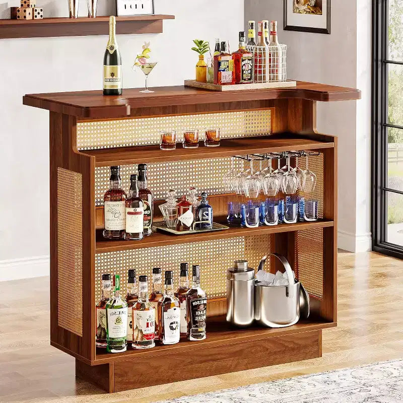 Farmhouse Rattan Home Bar Unit | 4-Tier, 4 Stemware Racks, Holds 24 Bottles