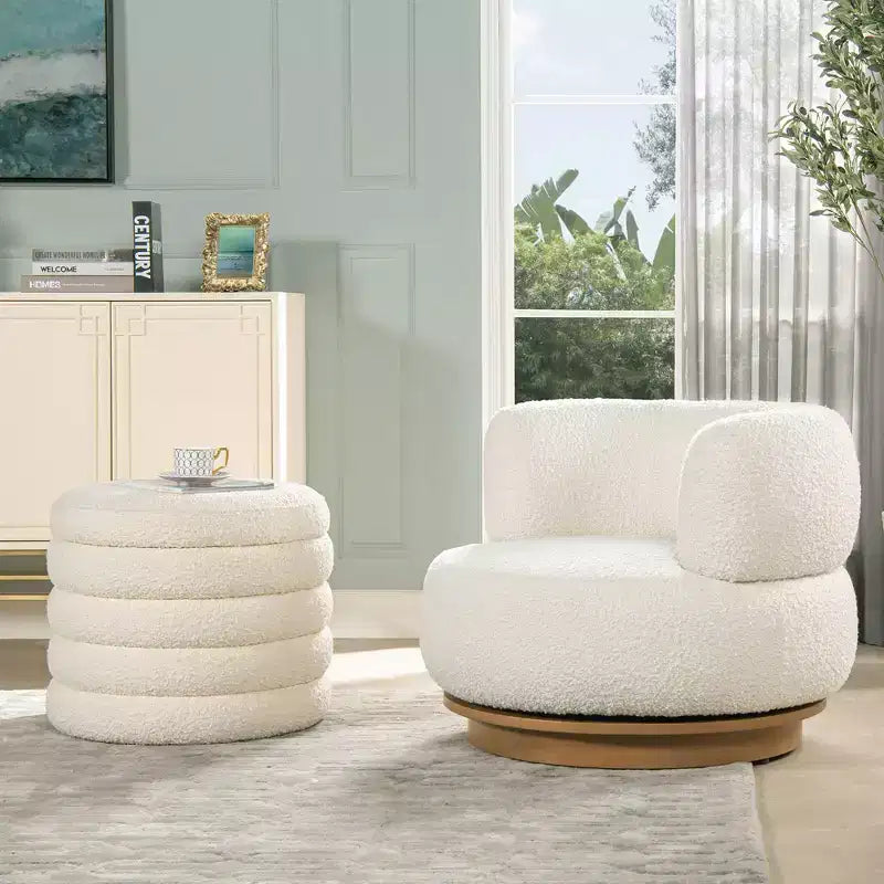 19" Round Storage Ottoman | Ivory White Boucle | 400 lb Capacity