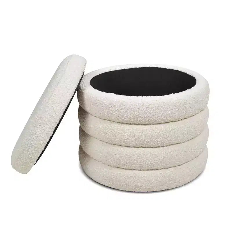 19" Round Storage Ottoman | Ivory White Boucle | 400 lb Capacity