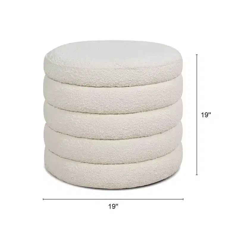 19" Round Storage Ottoman | Ivory White Boucle | 400 lb Capacity