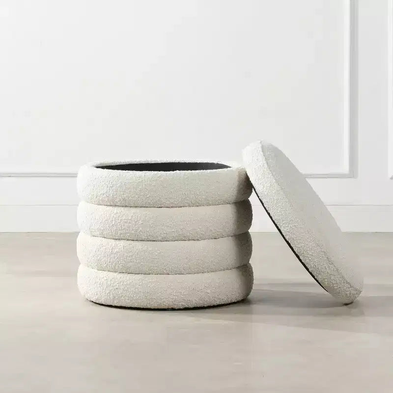 19" Round Storage Ottoman | Ivory White Boucle | 400 lb Capacity