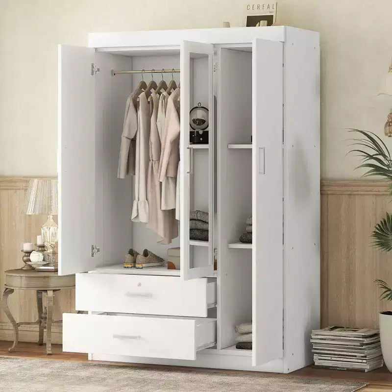 3-Door Wardrobe with Full-Length Mirror, Shelves & 2 Drawers | 68" Tall