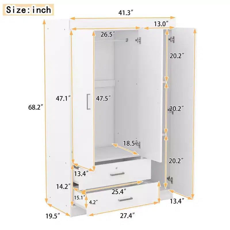 3-Door Wardrobe with Full-Length Mirror, Shelves & 2 Drawers | 68" Tall