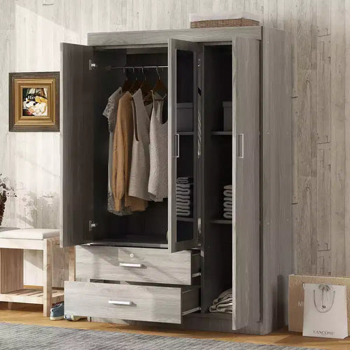 Armoire 3 portes avec miroir pleine longueur, étagères et 2 tiroirs | 173 cm de haut