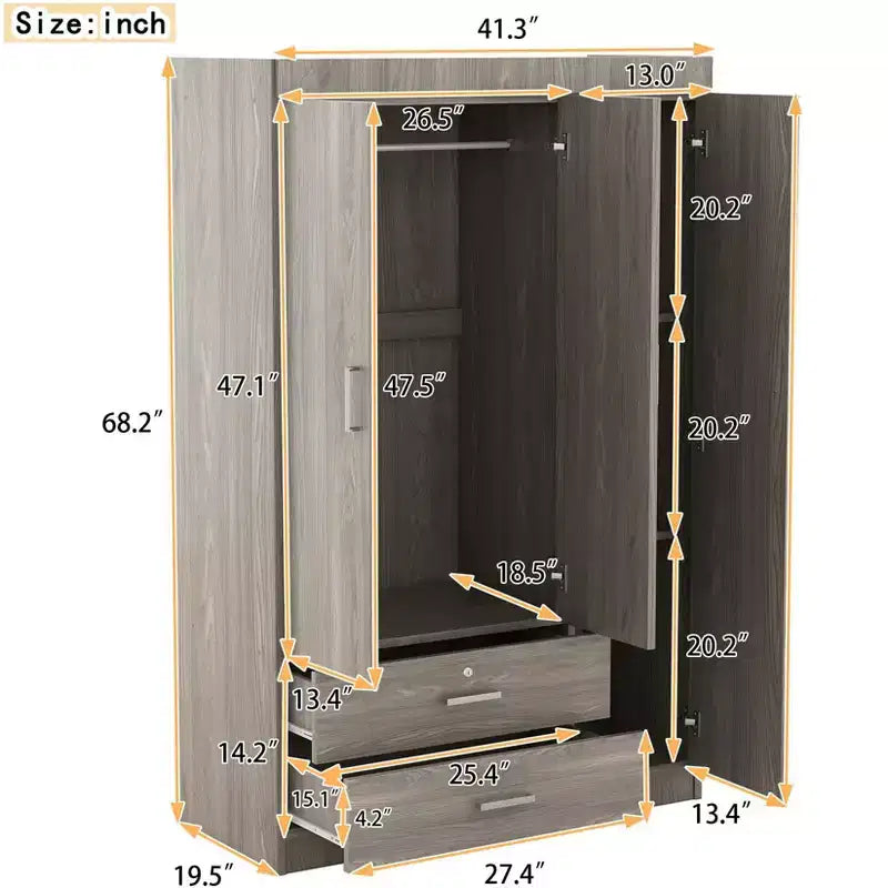 3-Door Wardrobe with Full-Length Mirror, Shelves & 2 Drawers | 68" Tall